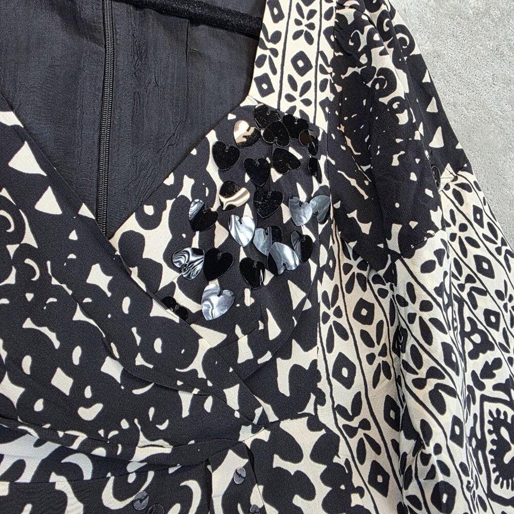 Vintage Nanette Lepore Blouse Womens 2 Black White Silk Sequin Embellished Boho - Picture 2 of 14